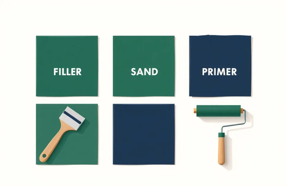 Outils de peinture disposés dans l'ordre des étapes du chantier