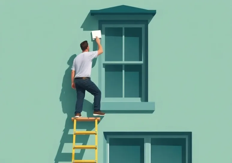 Peintre sur échafaudage traitant la façade d'une maison